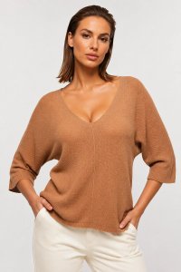 Bluza tricotata fin cu maneca fluture 3/4, nuanta camel - 1