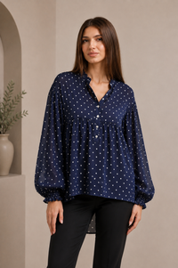 Bluza din matase si vascoza cu buline albe pe fond bleumarin - 1