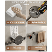 Suport Prosoape INCO® din Otel Inoxidabil, Fixare Fara Perforare, Bara Reglabila, 50 cm, Negru - 8