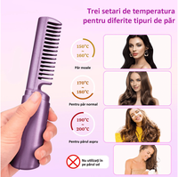 Perie Mini de Indreptat Parul Violet, 3 Trepte de Temperatura, Reincarcabila si Portabila, Ceramica 2 in 1 - 4