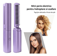 Perie Mini de Indreptat Parul Violet, 3 Trepte de Temperatura, Reincarcabila si Portabila, Ceramica 2 in 1 - 3