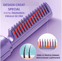 Perie Mini de Indreptat Parul Violet, 3 Trepte de Temperatura, Reincarcabila si Portabila, Ceramica 2 in 1 - 1