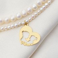 Colier cu Perle - Pandantiv inima mama si copil - Model dublu cu siraguri de perle de diferite dimensiuni - Argint 925 - 1