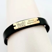 Bratara personalizata pentru barbati, cu placuta gravata pentru 4 membri ai familiei, Argint 925 placat cu Aur 18k si piele - 1