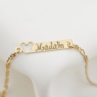 Bratara placuta - Forma soricel gravat cu nume personalizat - Argint 925 placat cu Aur Galben 18K - Cu lantisor fata/baiat - 1