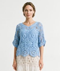 Bluza de vara bleu cu broderie din bumbac si maieu detasabil - 1