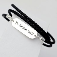 Bratara personalizata pentru barbati din Argint 925 si piele impletita - inchizatoare carabina - 1