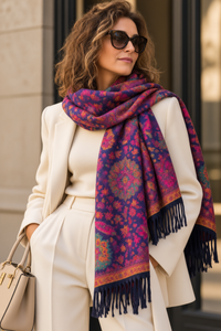Esarfa premium din lana si vascoza cu imprimeu floral oriental in nuante de fucsia si portocaliu pe fond mov - 1
