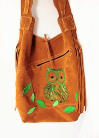Geanta sac din piele intoarsa galben mustar cu bufnita pictata, design unicat - 1