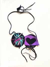 Colier negru statement din piele naturala cu insertii multicolore, unicat - 1