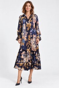 Rochie lunga din matase si vascoza cu volan la guler si imprimeu abstract, bleumarin - 1