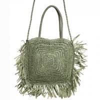 Geanta mare crossbody patrata cu franjuri decorative, verde prafuit - 1