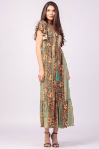 Rochie lunga cu volane si imprimeu floral, din matase indiana verde menta si portocalie - 1