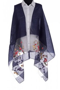 Esarfa din matase bleumarin cu broderie florala pe organza transparenta - 1