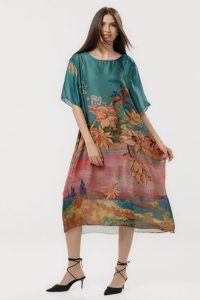 Rochie A-line turcoaz eleganta cu imprimeu floral roz-oranj - 1