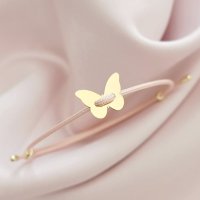 Brățara Aripi de Catifea - cu Fluture și Șnur roz Gros - Argint 925 placat cu Aur Galben 18K - 1