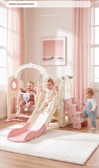 Spatiu de joaca pentru copii 3in1 Nichiduta Garden Pink, cu platforma, tobogan, leagan cu bara de protectie detasabila, jucarie muzicala, cos de baschet, dimensiune 170 x 145 x 110 cm - 2