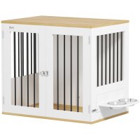 Cușcă PawHut pentru câini - Masă de cafea cu boluri rotative 360°, 2 uși, 80x55x71,5 cm, alb | Aosom Romania - 1