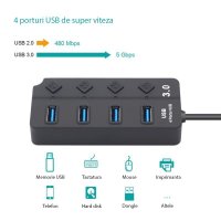 Hub USB cu 4 porturi Techstar® HUBA0701, 1 x USB 3.0, 3 x USB 2.0, indicator LED pentru putere, comutator independent - 2