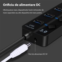 Hub USB cu 4 porturi Techstar® HUBA0701, 1 x USB 3.0, 3 x USB 2.0, indicator LED pentru putere, comutator independent - 3