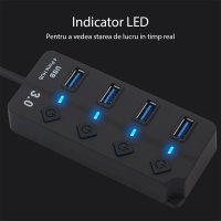 Hub USB cu 4 porturi Techstar® HUBA0701, 1 x USB 3.0, 3 x USB 2.0, indicator LED pentru putere, comutator independent - 1