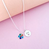 Lantisor personalizat cu 2 pandantive - Floare multicolora cu email - Banut cu nume si inima decupata - Argint 925 - 1