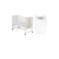Set mobilier pentru copii Qmini: Patut Timmi Heart din lemn de pin si MDF cu roti, somiera reglabila, 120x60 cm + Saltea cocos-burete-cocos, 10 cm + Comoda Waldi, Alb - 1