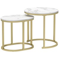 Set 2 Măsuțe de Cafea HOMCOM cu Blat Marmorat din MDF și Oțel, Ø50x50.5 cm și 60x36x43.5 cm, Alb și Auriu - 1