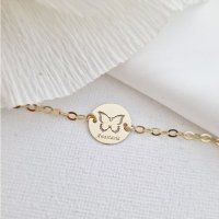 Bratara personalizata cu nume - Fluture decupat - Aur Galben 9K - Banut 12 mm diametru - Cu lantisor fata/baiat - 1