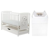 Set mobilier pentru copii BabyNeeds: Patut Timmi din lemn de pin cu sertar, somiera reglabila + Saltea Cocos-Burete-Cocos + Comoda Waldi, Alb - 1