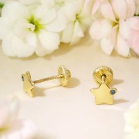 Cercei pentru bebelusi cu Diamant Natural Albastru - Design Stelute - Aur Galben 9K cu Inchizatoare Sigura - 1