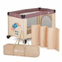 Patut pliant Koot, Petite&Mars, 120 x 60 cm, cu roti, functie de tarc, pliabil, geanta de transport inclusa, intrare laterala cu fermoar, pereti din plasa, suport pentru copii pana la 15 kg, 0-30 luni, culoare maro - 1