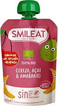 Piure bio cu cirese, acai si amaranth pentru bebelusi de la 8 luni, 100g, Smileat - 1