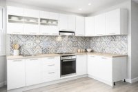 Set de bucatarie coltar GERMANIA 300 x 140 cm, 11 elemente, cuptor incorporabil, blat gros, alb cu soft-close - 1