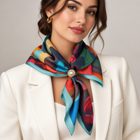 Esarfa patrata satinata cu imprimeu floral vibrant si inel inclus - 1