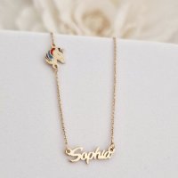 Lantisor personalizat cu Nume si pandantiv lateral Unicorn colorat cu email - Argint 925 placat cu Aur Galben 18K - 1