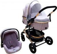 Carucior pentru copii Baby Care PRO 531 Gri 3 in 1, Cadru Aluminiu, Amortizoare, Roti din cauciuc plin, Landou, Scoica auto, Spatar reglabil 3 trepte, Plasa insecte - 1