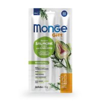 MONGE Gift Hairball Soft Sticks, Somon și Anghinare, punguță recompense funcționale fără cereale pisici, limitarea ghemurilor de blană, 15g - 2