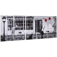 HOMCOM Set de 5 tablouri decorative pe panza, fata cu balon rosu, alb-negru, design modern pentru dormitor si sufragerie - 1