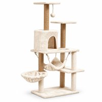 AMYDO Home Como - Ansamblu de Joaca pentru Pisici cu 5 Etaje, Căsuță din MDF și Sisal, Elemente Atârnate și Hamac, Bej, 52x37x125cm - 2