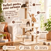 AMYDO Home Como - Ansamblu de Joaca pentru Pisici cu 5 Etaje, Căsuță din MDF și Sisal, Elemente Atârnate și Hamac, Bej, 52x37x125cm - 3