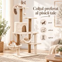 AMYDO Home Como - Ansamblu de Joaca pentru Pisici cu 5 Etaje, Căsuță din MDF și Sisal, Elemente Atârnate și Hamac, Bej, 52x37x125cm - 5