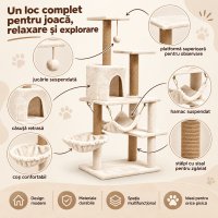 AMYDO Home Como - Ansamblu de Joaca pentru Pisici cu 5 Etaje, Căsuță din MDF și Sisal, Elemente Atârnate și Hamac, Bej, 52x37x125cm - 6