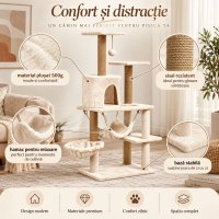 AMYDO Home Como - Ansamblu de Joaca pentru Pisici cu 5 Etaje, Căsuță din MDF și Sisal, Elemente Atârnate și Hamac, Bej, 52x37x125cm - 7