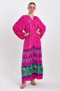 Rochie camasa cu imprimeu, pe fond fucsia, din vascoza - 1