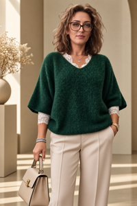 Pulover oversize din alpaca verde inchis cu maneci fluture - 1