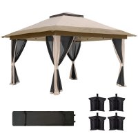 Pavilion pliant Outsunny 3,6x3,6 m cu pereți din plasă UPF50+, înălțime ajustabilă, geantă cu roți și saci cu nisip, bej | Aosom Romania - 1