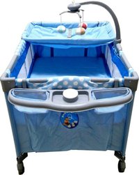 Patut pliabil Baby Care PRO FMAT Albastru cu 2 niveluri, melodii si carusel cu jucarii - 1
