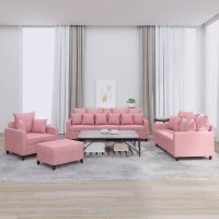 Set canapele roz din catifea, 4 piese, cu perne incluse - 2