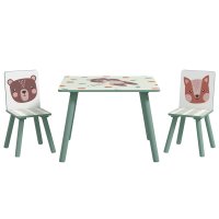 Set de masă și scaune ZONEKIZ pentru copii, 3 piese, din MDF și lemn de pin, cu design animalier, verde | Aosom Romania - 1